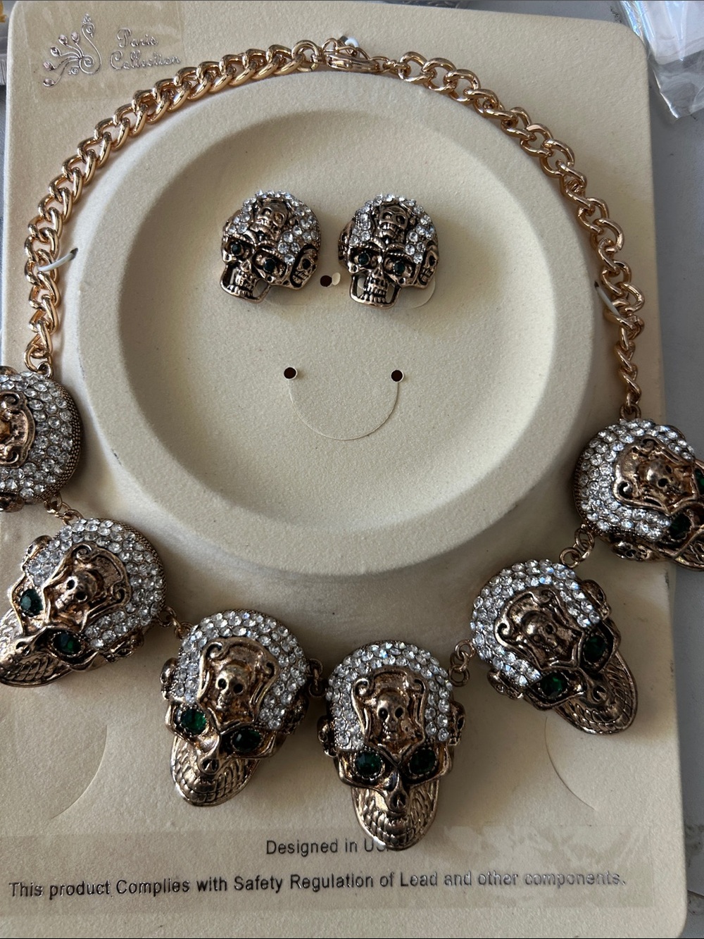 Statement Gold & Crystal Skull Necklace and Earring Set